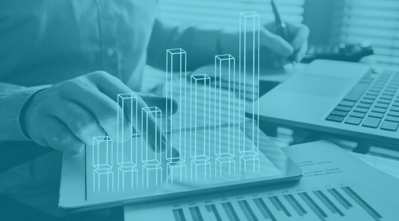 Hand scrolls on tablet device, with bar graph superimposed on image of man at laptop