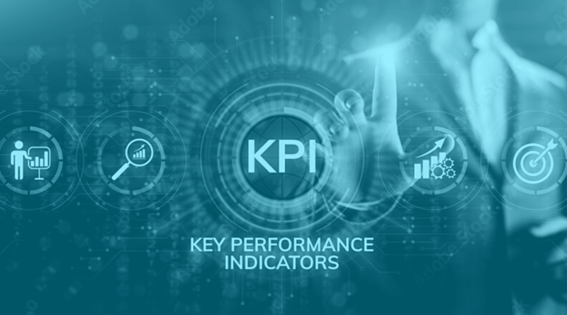 Hand reaching for KPI Key Performance Indicators on transparent screen